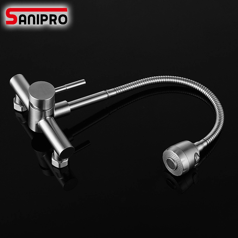 Sanipro Wall Mounted Kitchen Faucet Single Handle Dual Holes SUS304 Stainless Steel Flexible Hose Kitchen Mixer Taps