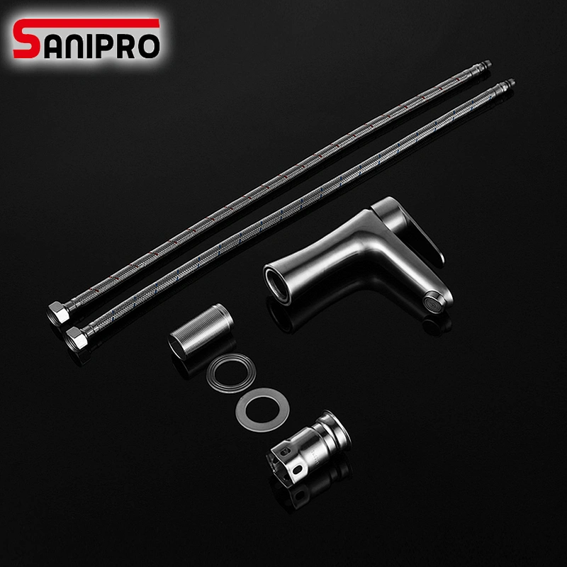 SANIPRO Hot and Cold Water Mixer Faucet Bathroom One Hole Single Handle Deck Mounted Tap SUS304 Stainless Steel Faucets