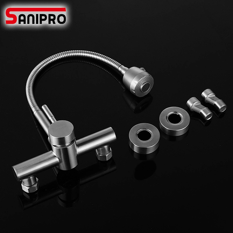 Sanipro Wall Mounted Kitchen Faucet Single Handle Dual Holes SUS304 Stainless Steel Flexible Hose Kitchen Mixer Taps