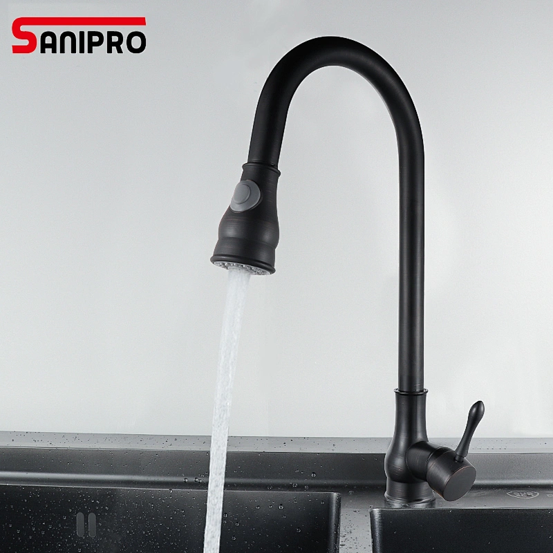 Sanipro Swivel Powder Coated Black Kitchen Faucet Kitchen Hot Cold Water Faucet Single Lever Sprayer Bathroom Kitchen Tap