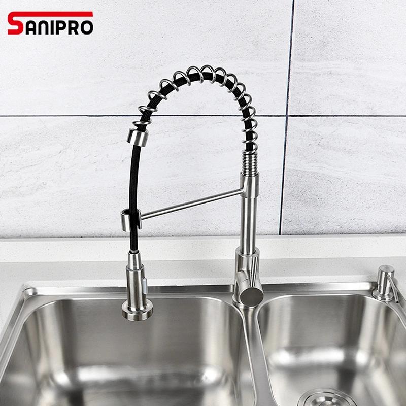 DeckMounted taps 360 kitchen faucet Spring pull out spout stainless steel brushed