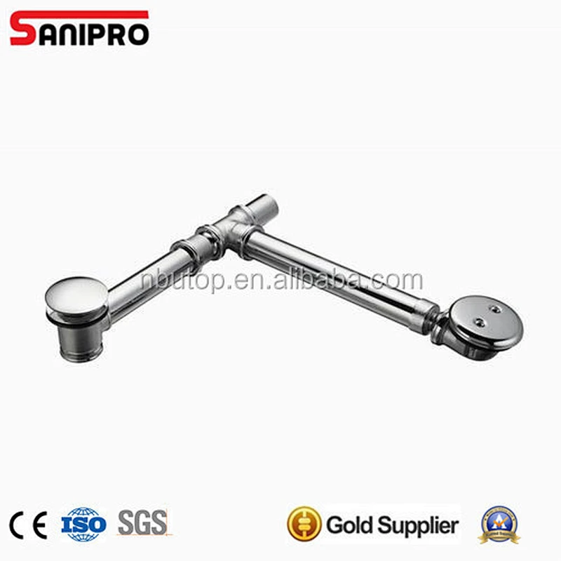 Brass pop up bathtub drain with straight pipe chrome plated and decorative overflow cover