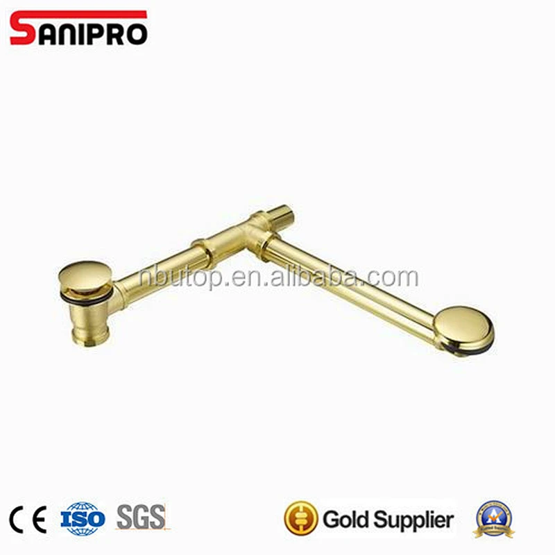 Pop up bath drain set with straight pipe golden plated and decorative overflow cover