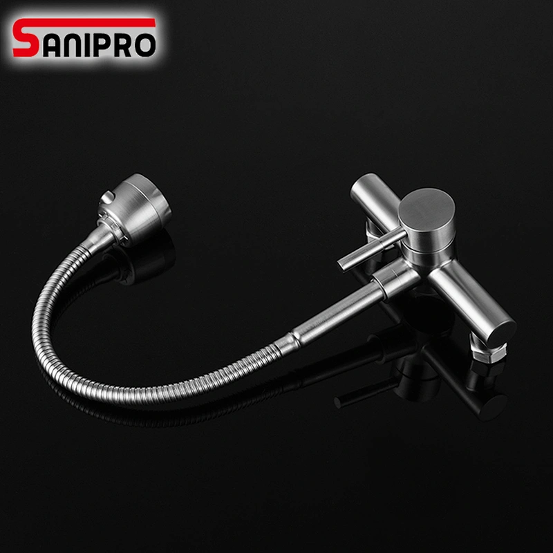 Sanipro Wall Mounted Kitchen Faucet Single Handle Dual Holes SUS304 Stainless Steel Flexible Hose Kitchen Mixer Taps