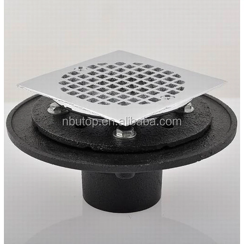 NO hub shower drain with 4 1/4 square brass strainer CP