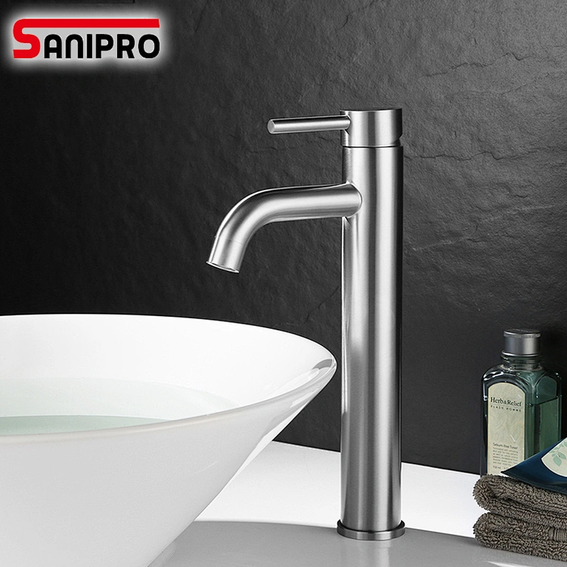 Sanipro Deck Mounted Nickle Brushed Basin Bathroom Sink Tap SUS304 Stainless Steel Basin Faucet Cold Water Basin Tap