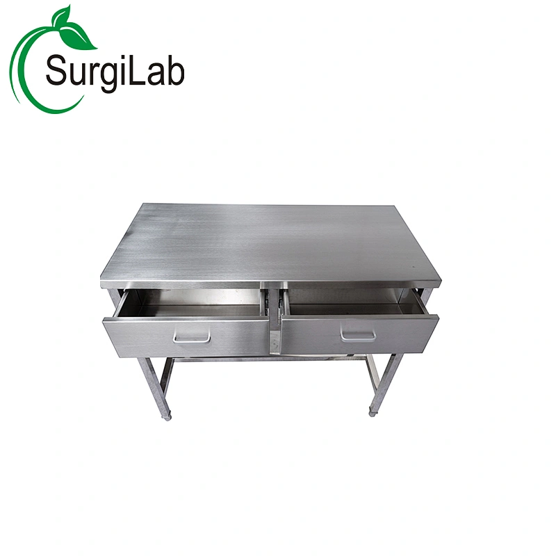 Stainless steel trolley table  with 2 drawers and wheels for vet hospital