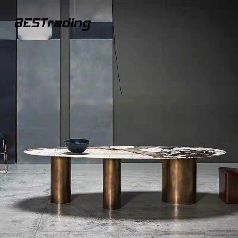 Italian high end customized  luxury dining table set marble top with special metal base dining table