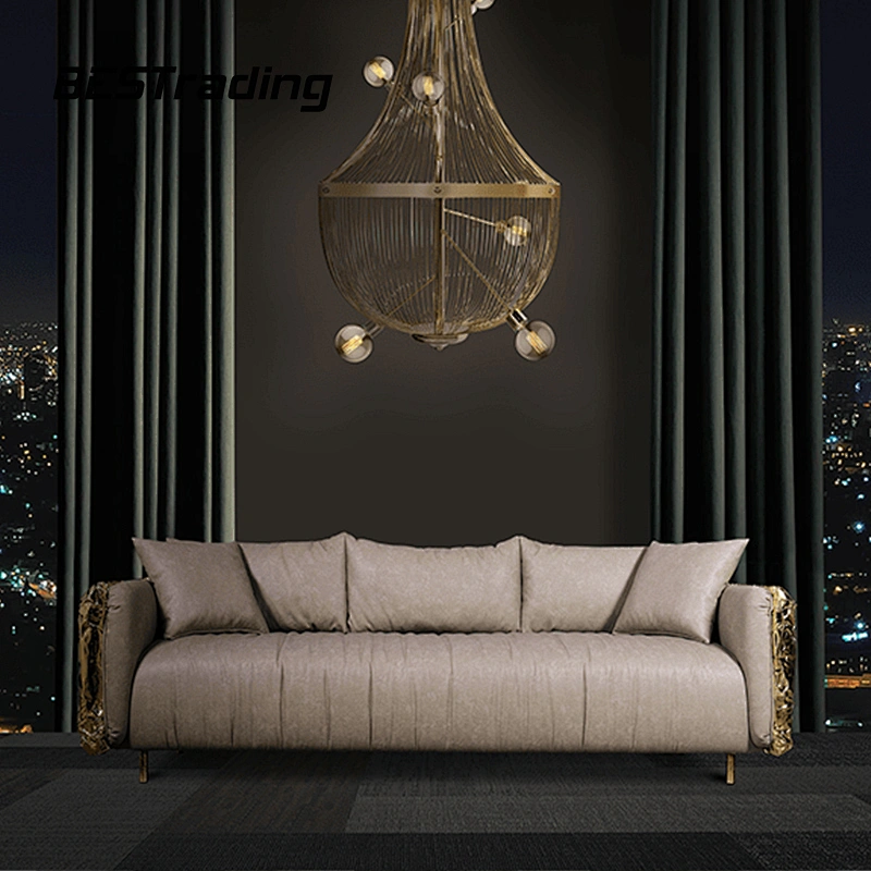 Italian high end  luxury living room furniture 3 seater sofa with golden stainless steel legs leather sofa