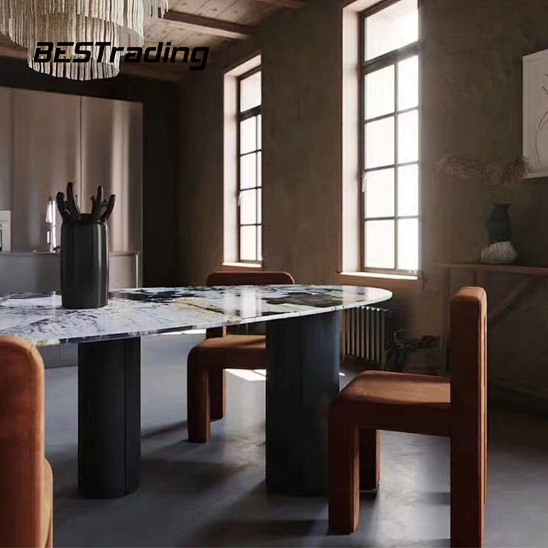 Italian high end customized  luxury dining table set marble top with special metal base dining table