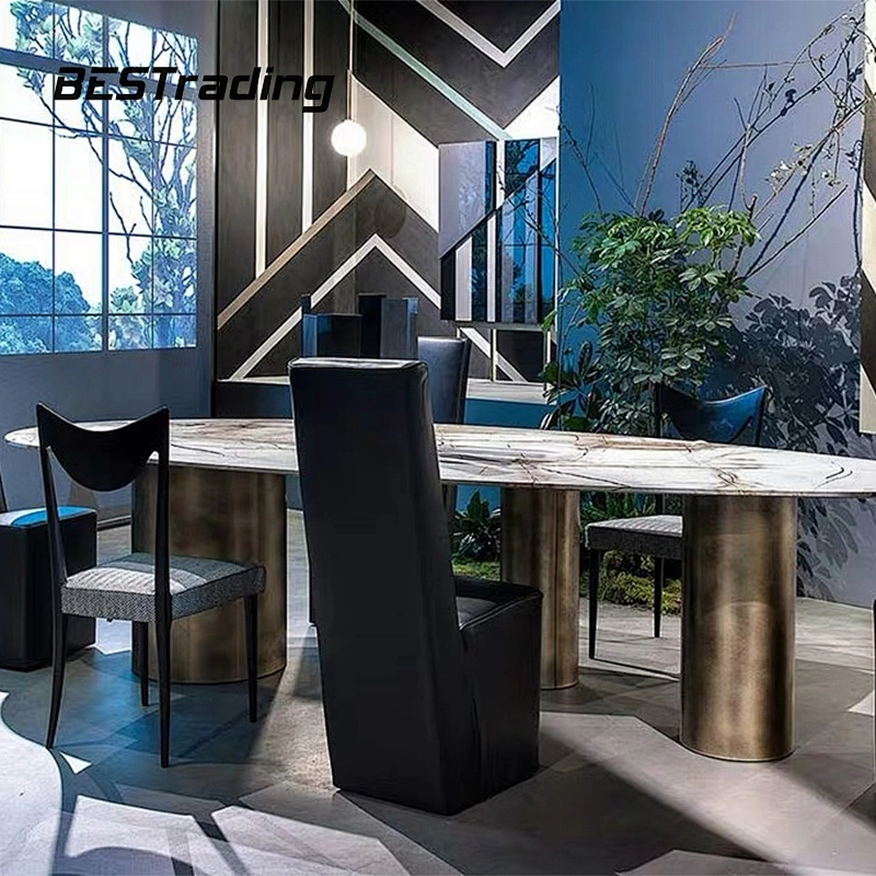 Italian high end customized  luxury dining table set marble top with special metal base dining table