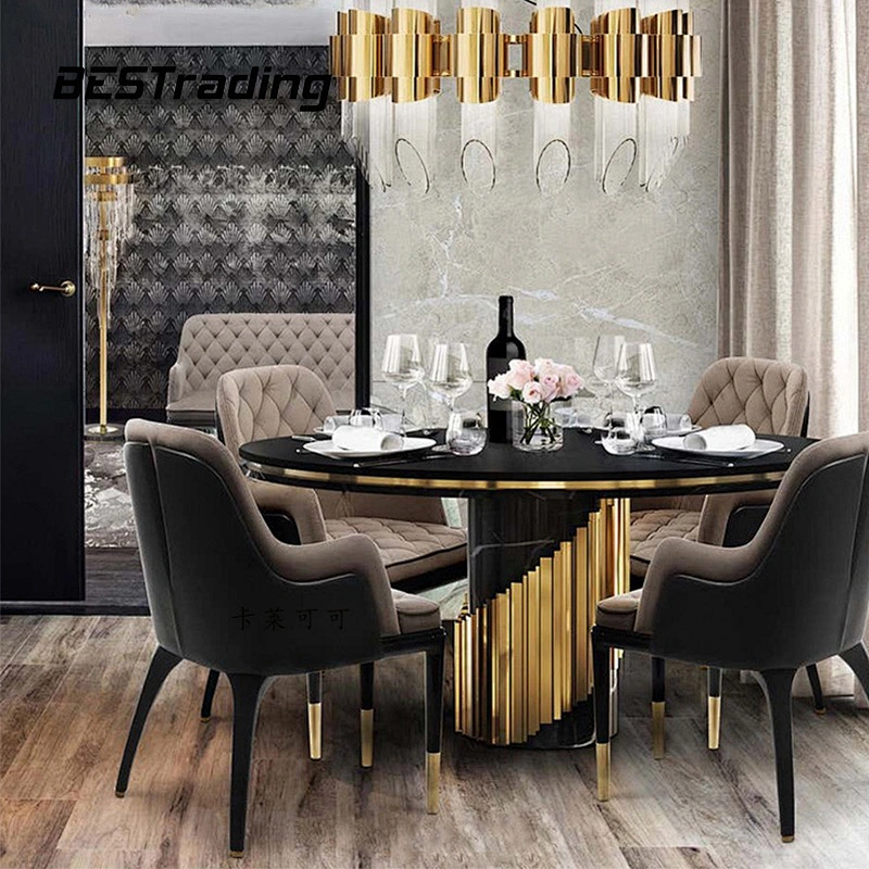 High End Customized Black Gold Dinng Room Furniture Modern Luxury Metal Marble Dining Table Set