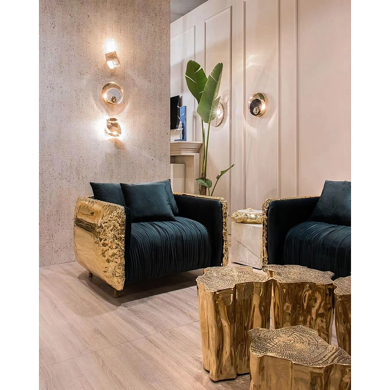 Italian high end  luxury living room furniture 3 seater sofa with golden stainless steel legs leather sofa