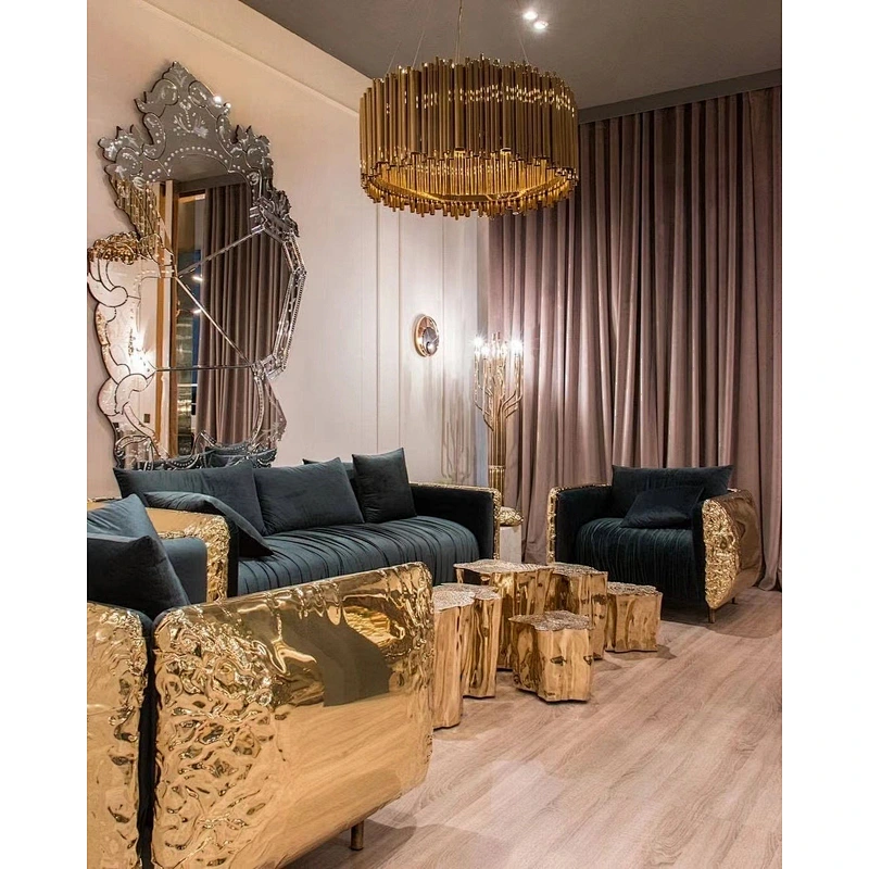 Italian high end  luxury living room furniture 3 seater sofa with golden stainless steel legs leather sofa