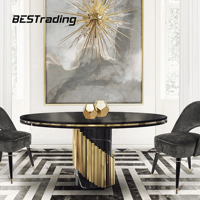 High End Customized Black Gold Dinng Room Furniture Modern Luxury Metal Marble Dining Table Set