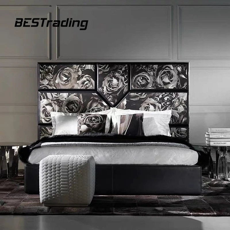 The Latest luxury bedroom furniture leather double bed with modern headboard storage Bed