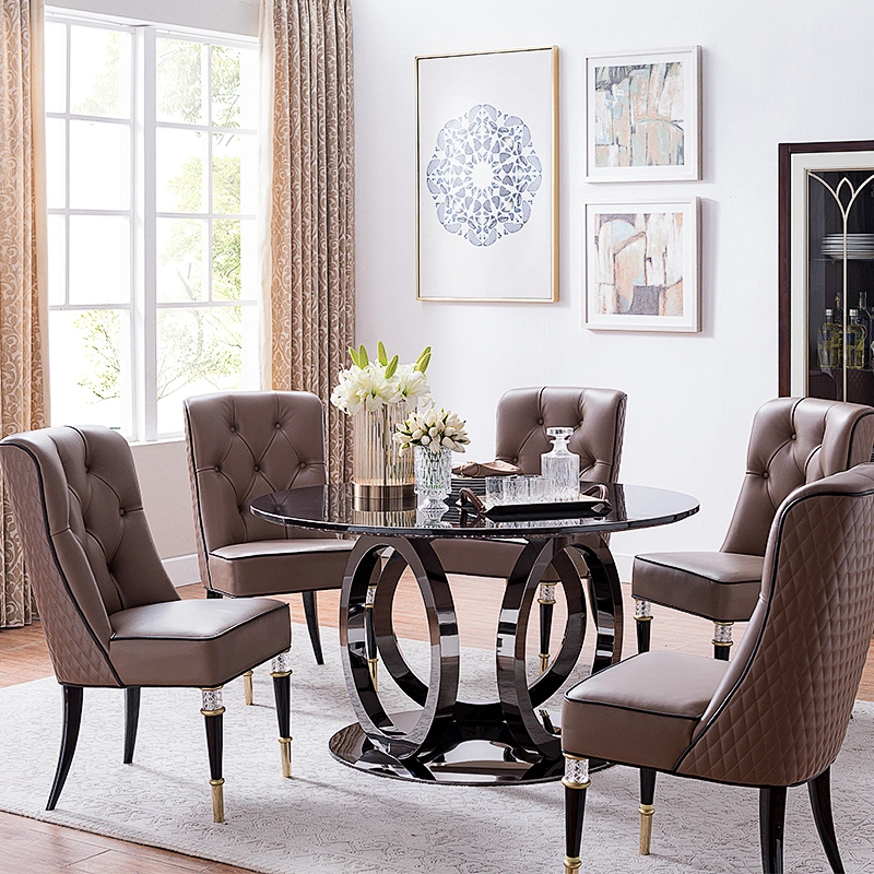 Modern round marble dining table with rotating centre stainless steel dining table set