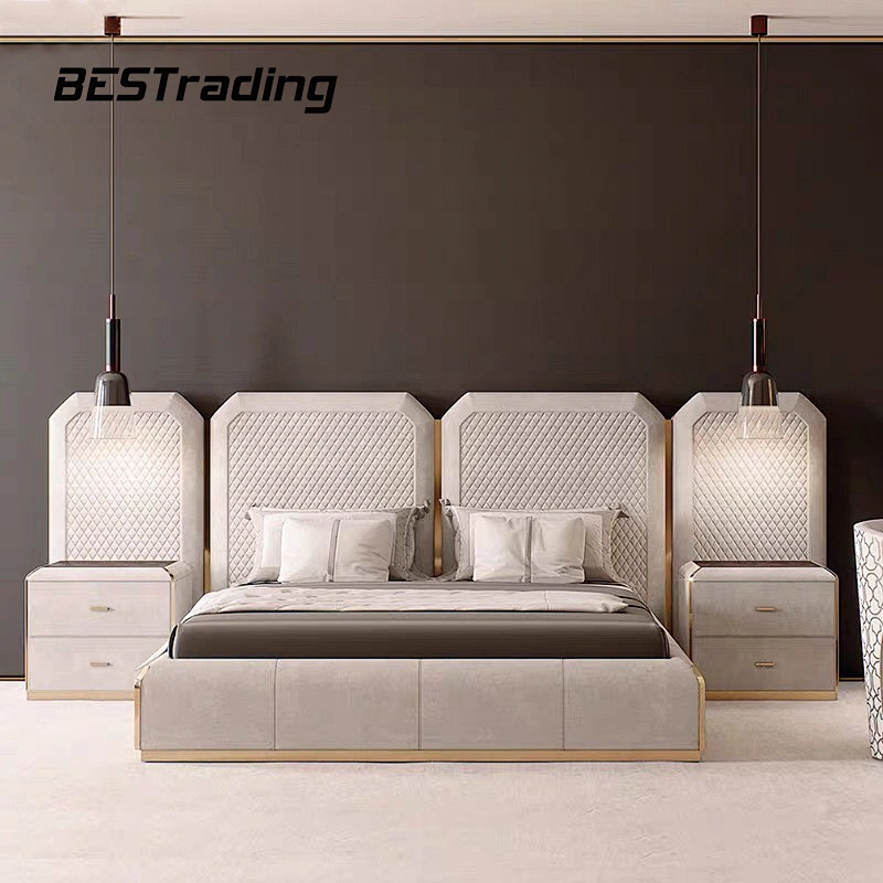 High End Customized Modern Villa bedroom furniture set Leather Double Bed With Luxury bed Headboards