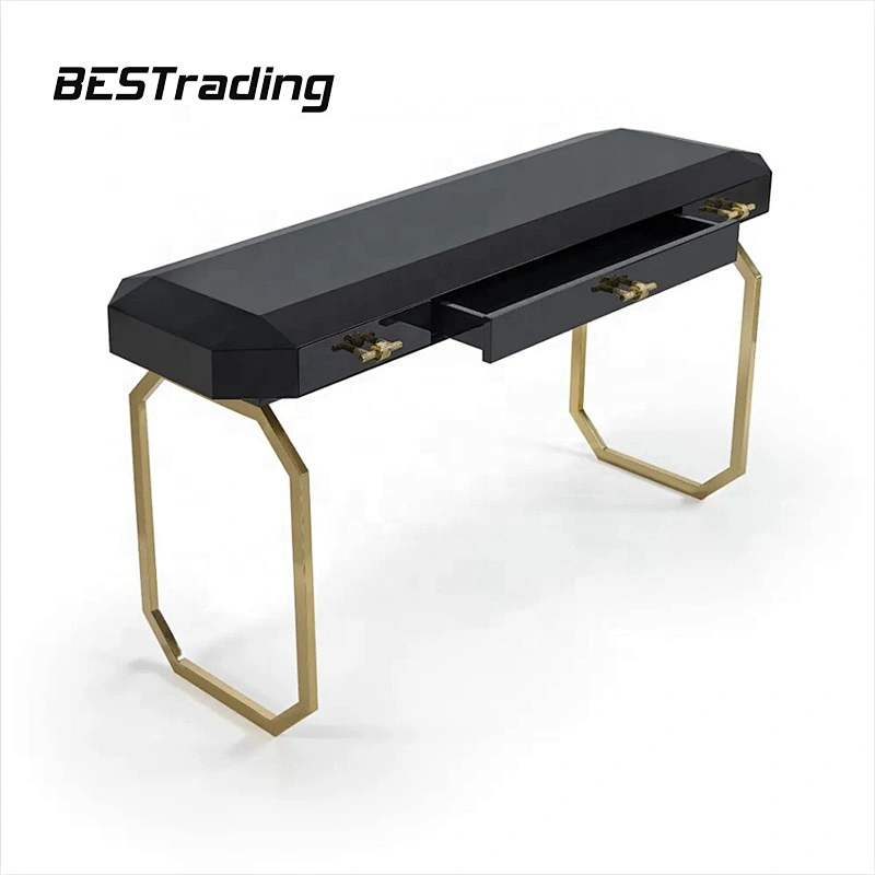 Black wood console table with stools
