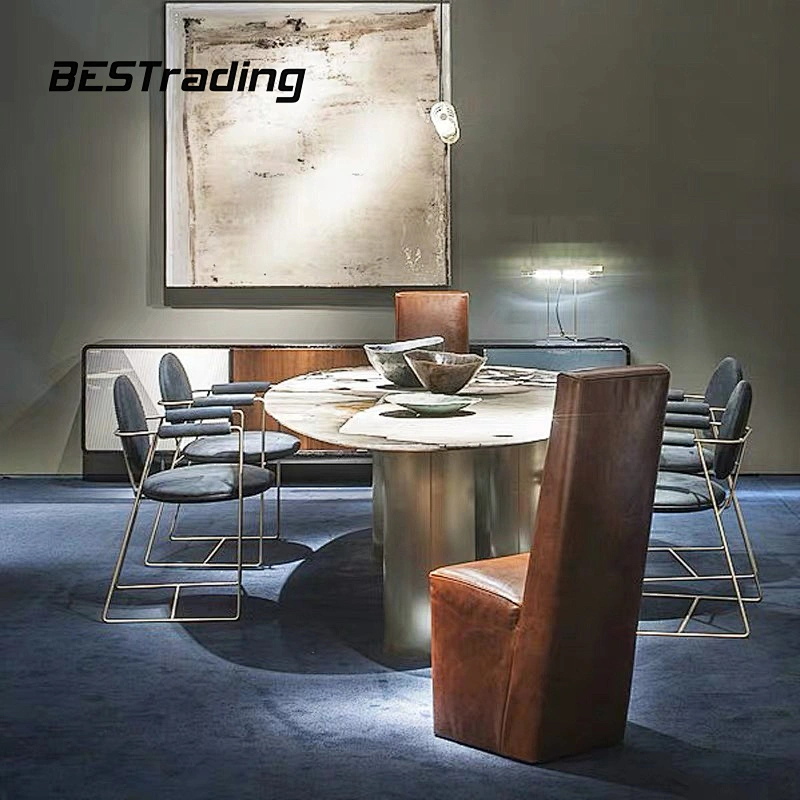 Italian high end customized  luxury dining table set marble top with special metal base dining table
