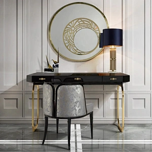 Black wood console table with stools
