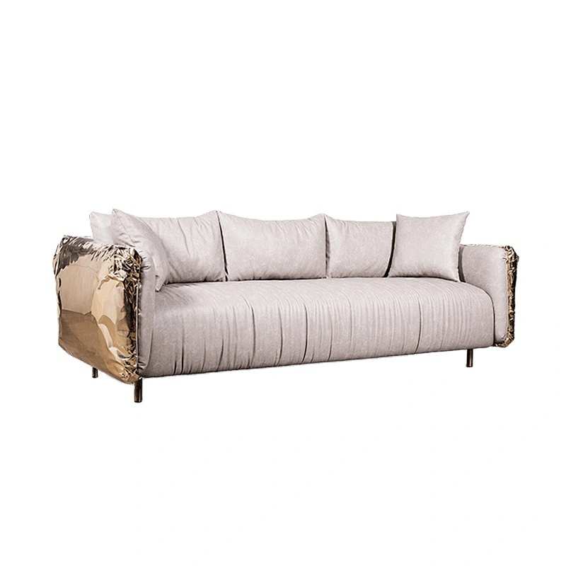 Italian high end  luxury living room furniture 3 seater sofa with golden stainless steel legs leather sofa