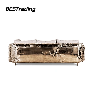 Italian high end  luxury living room furniture 3 seater sofa with golden stainless steel legs leather sofa