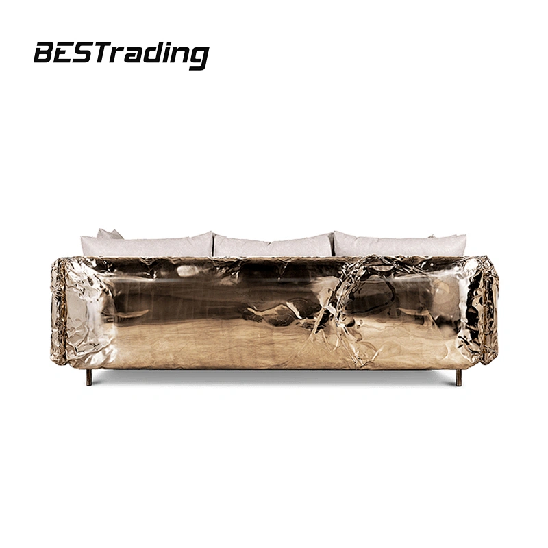 Italian high end  luxury living room furniture 3 seater sofa with golden stainless steel legs leather sofa