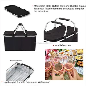 Portable folding shopping baskets with aluminium handle for sale collapsible picnic shopping basket
