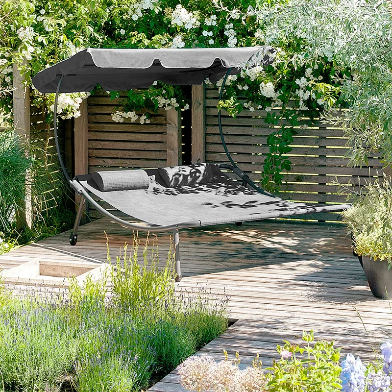 Factory direct selling outdoor furniture garden double sunbed tanning swimming pool sun lounger bed with canopy