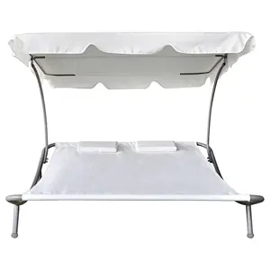 Outdoor Garden Lounge Chaise Portable Double Patio Hammock Bed 2-Persons Loungebed with Canopy and 2 Pillows Sunbed