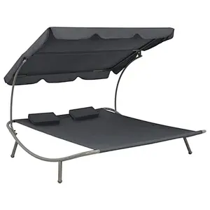 Outdoor Garden Lounge Chaise Portable Double Patio Hammock Bed 2-Persons Loungebed with Canopy and 2 Pillows Sunbed