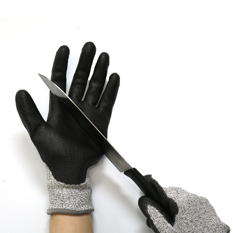 Customized Logo Level 5 HPPE Fiber Black PU Cut Resistant Gloves Anti Cutting PU Palm Coating Safety Protective Glove