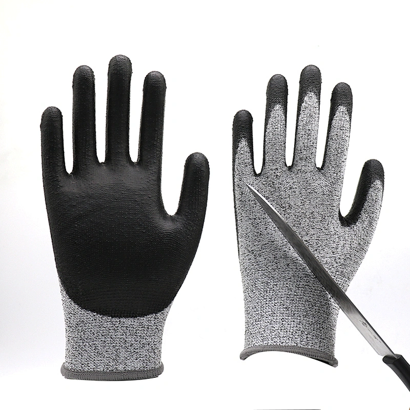 Customized Logo Level 5 HPPE Fiber Black PU Cut Resistant Gloves Anti Cutting PU Palm Coating Safety Protective Glove