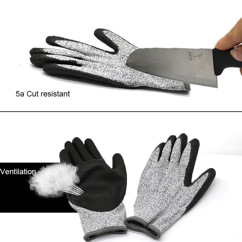 Customized Logo Level 5 HPPE Fiber Black PU Cut Resistant Gloves Anti Cutting PU Palm Coating Safety Protective Glove