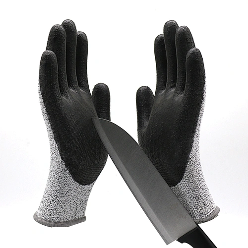 Customized Logo Level 5 HPPE Fiber Black PU Cut Resistant Gloves Anti Cutting PU Palm Coating Safety Protective Glove