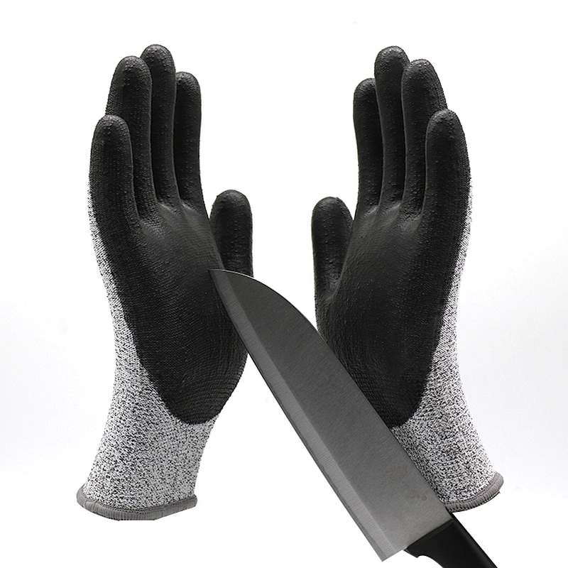 Customized Logo Level 5 HPPE Fiber Black PU Cut Resistant Gloves Anti Cutting PU Palm Coating Safety Protective Glove