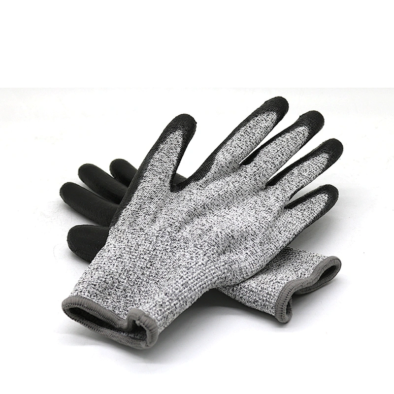 13Gauge HPPE Glass Fiber Cut Resistant Shell Black PU Palm Dipping Gloves Level 5 Cut Prevention Gloves Knife Proof