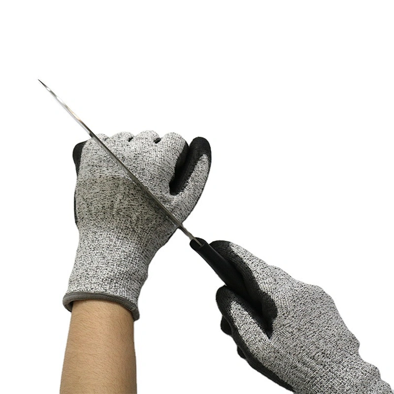 13Gauge HPPE Glass Fiber Cut Resistant Shell Black PU Palm Dipping Gloves Level 5 Cut Prevention Gloves Knife Proof