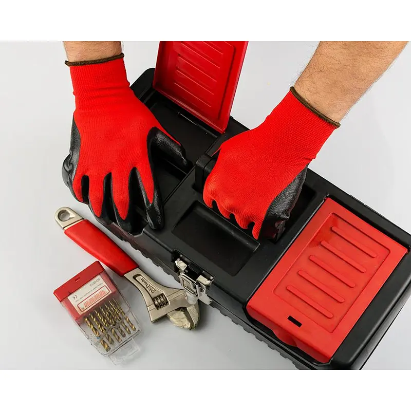 13G Red Polyester Industrial Wholesale Hand Nitrile Coated Work Gloves