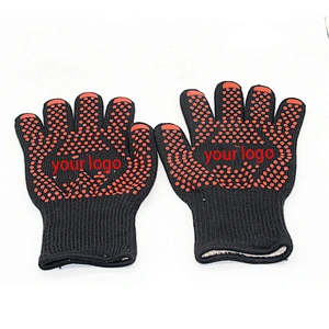 Custom Logo Black Aramid Barbeque Oven Mitts OEM For Kitchen Cooking 932F Extreme Heat Resistant BBQ Grill Gloves