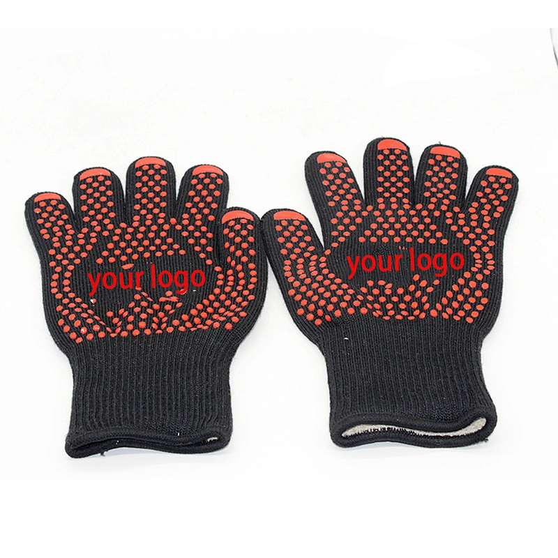 Custom Logo Black Aramid Barbeque Oven Mitts OEM For Kitchen Cooking 932F Extreme Heat Resistant BBQ Grill Gloves