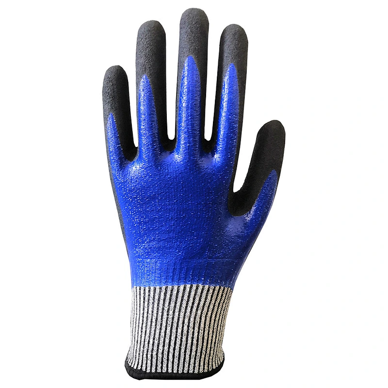 Oil Water Proof Blue Double Coated Cut Resistant Safety Work Glove With Sandy Nitrile Superior Grip Palm For Automotive Industry