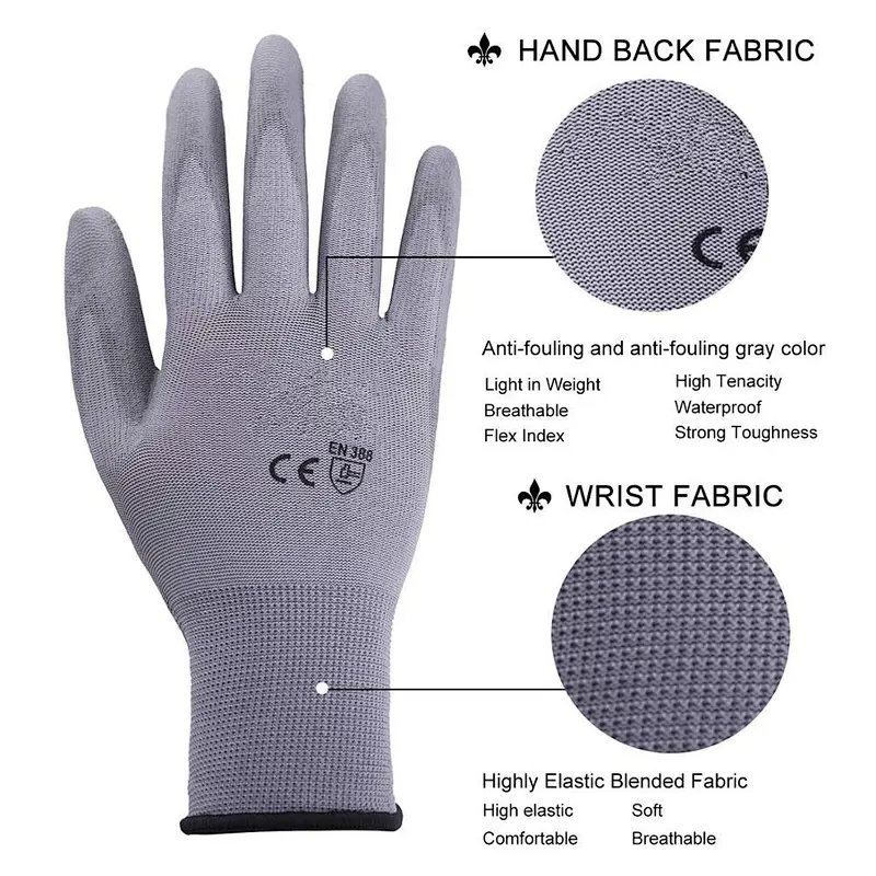 13 Gauge Stretch Filament Yarn PU Coated Gloves Smooth Grip Hand Gloves Ultra Thin PU Gloves For Oily Material Handling