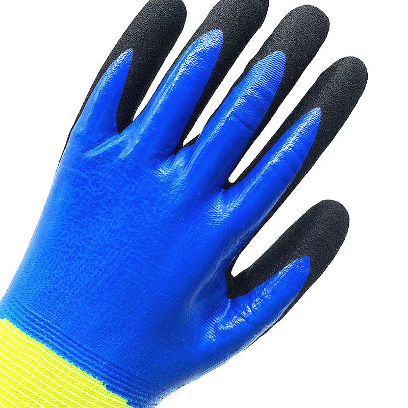 Oil Water Proof Blue Double Coated Cut Resistant Safety Work Glove With Sandy Nitrile Superior Grip Palm For Automotive Industry
