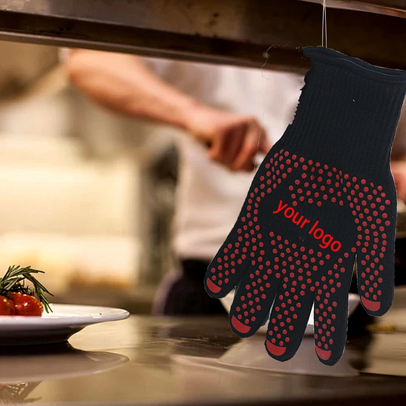 Custom Logo Black Aramid Barbeque Oven Mitts OEM For Kitchen Cooking 932F Extreme Heat Resistant BBQ Grill Gloves