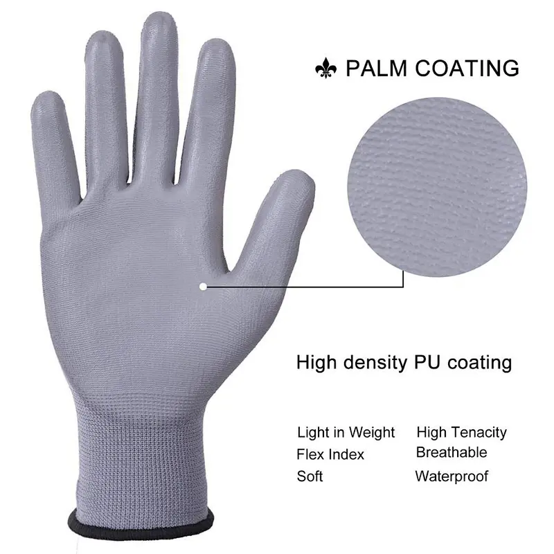 13 Gauge Stretch Filament Yarn PU Coated Gloves Smooth Grip Hand Gloves Ultra Thin PU Gloves For Oily Material Handling