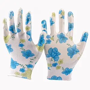 Women Lady Flower Printed Floral Nitrile Coated Gloves Garden Glove