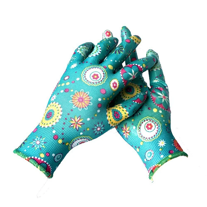 Women Lady Flower Printed Floral Nitrile Coated Gloves Garden Glove