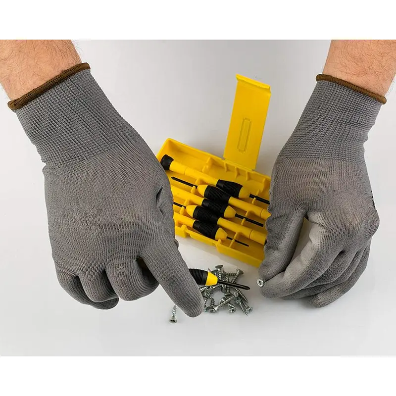 13 Gauge Stretch Filament Yarn PU Coated Gloves Smooth Grip Hand Gloves Ultra Thin PU Gloves For Oily Material Handling